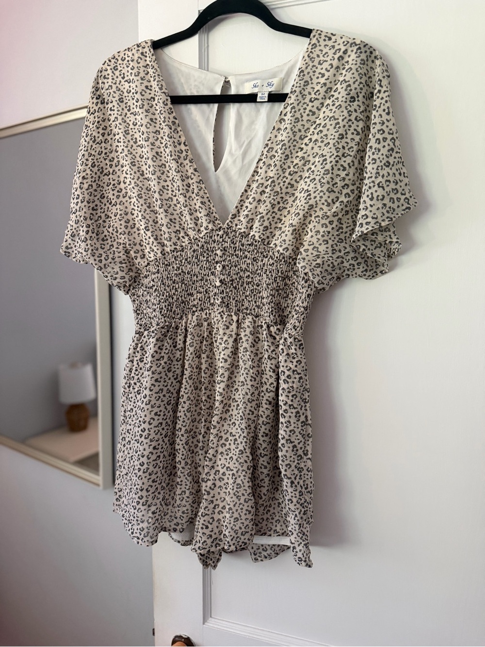 She + Sky Boutique Leopard Print Smocked Romper Size M